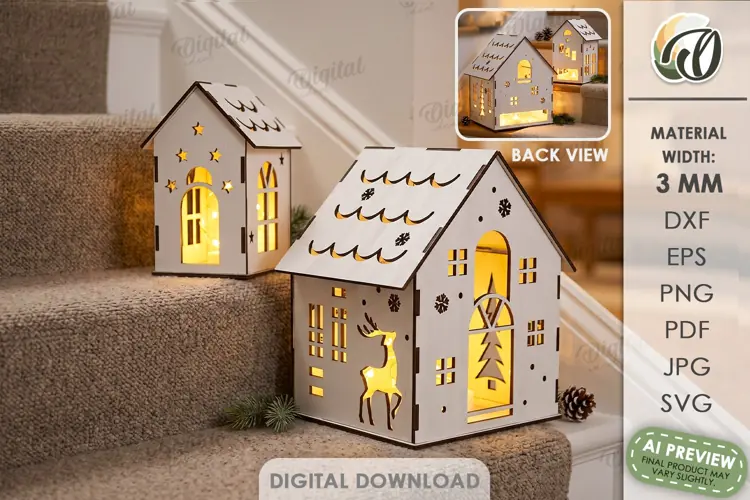 Christmas House Lanterns Laser Cut. Tea Light Holder SVG