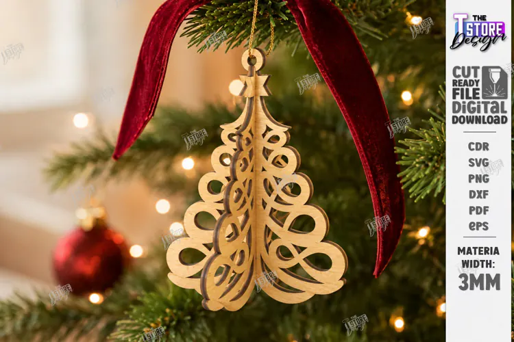 Wooden 3D Christmas Ornament Laser Cut | 3D Hanging Decor