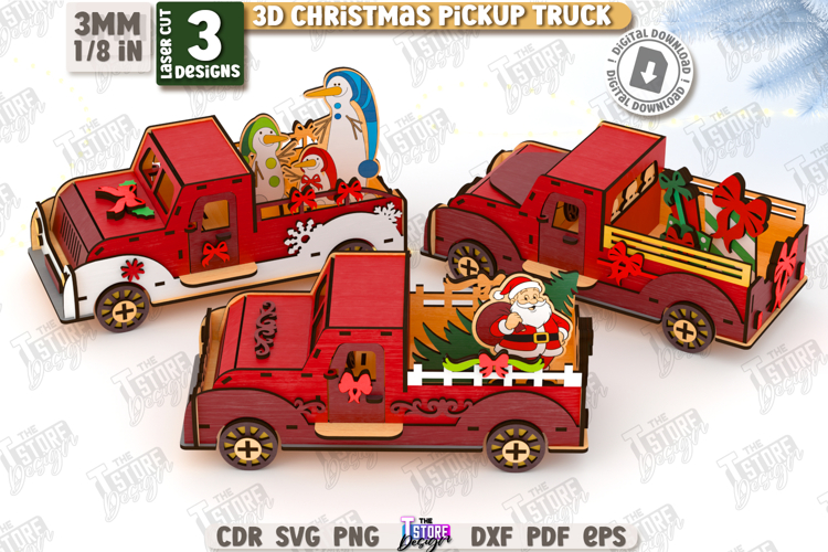 3D Christmas Pickup Truck Decor Laser Bundle, 3D Car Model