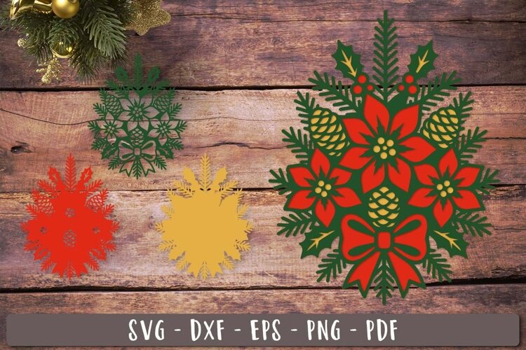 3d Christmas Poinsettia Pinecone SVG Layered design