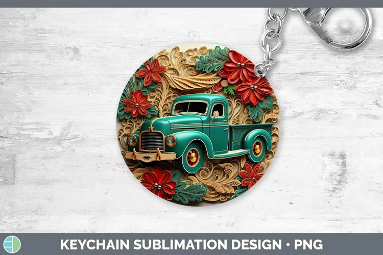 3D Christmas Quilled Vintage Truck Keychain Sublimation Keyr