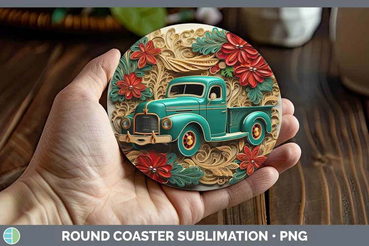 3D Christmas Quilled Vintage Truck Round Coaster Sublimation