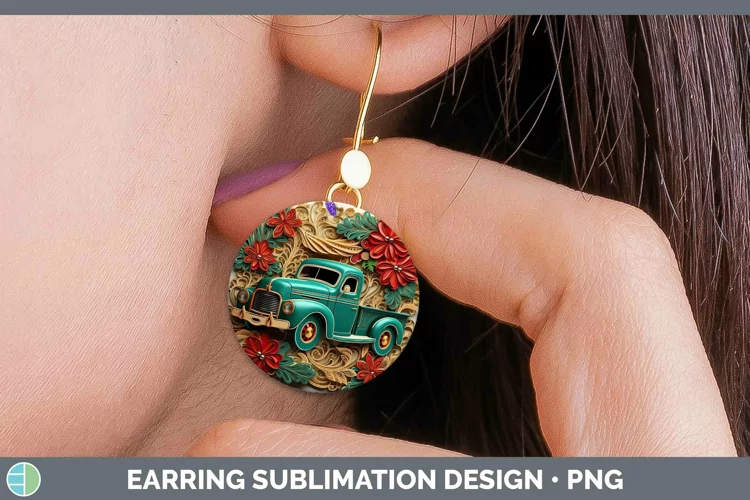 3D Christmas Quilled Vintage Truck Round Earrings Sublimatio