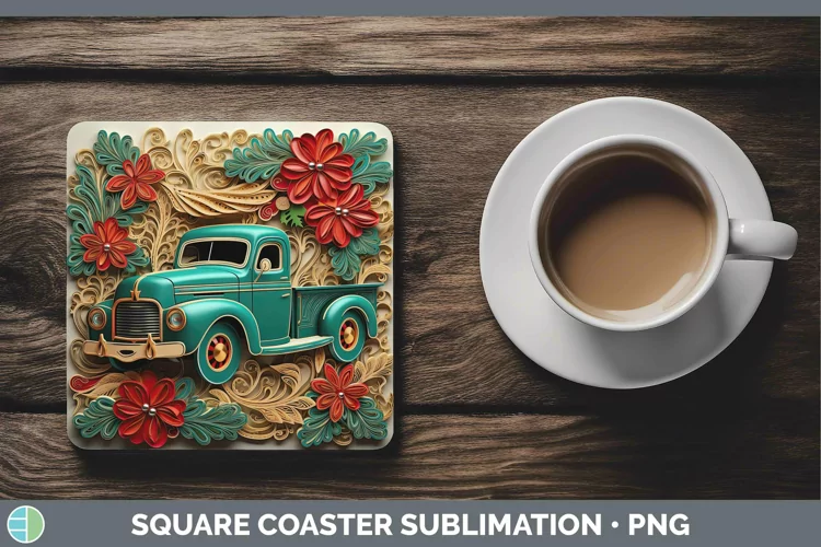 3D Christmas Quilled Vintage Truck Square Coaster Sublimatio