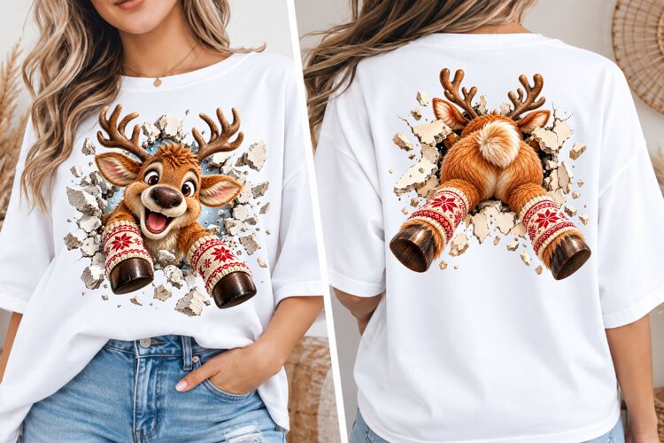 3D Christmas Reindeer PNG | Broken Wall Front & Back Sublima example image 1