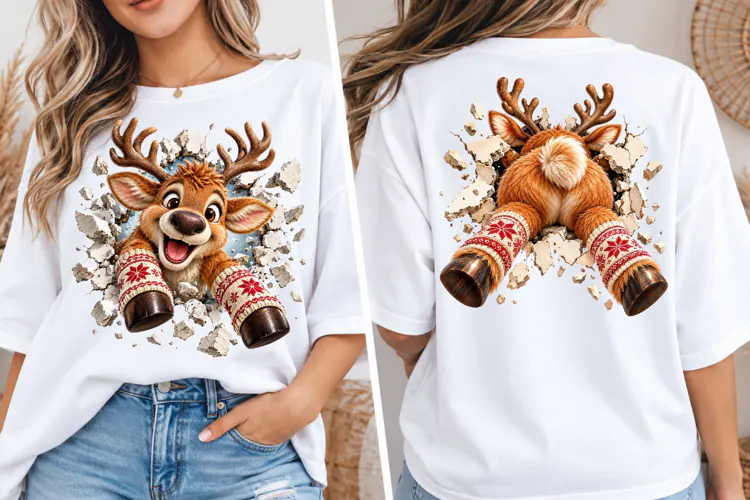 3D Christmas Reindeer PNG | Broken Wall Front & Back Sublima