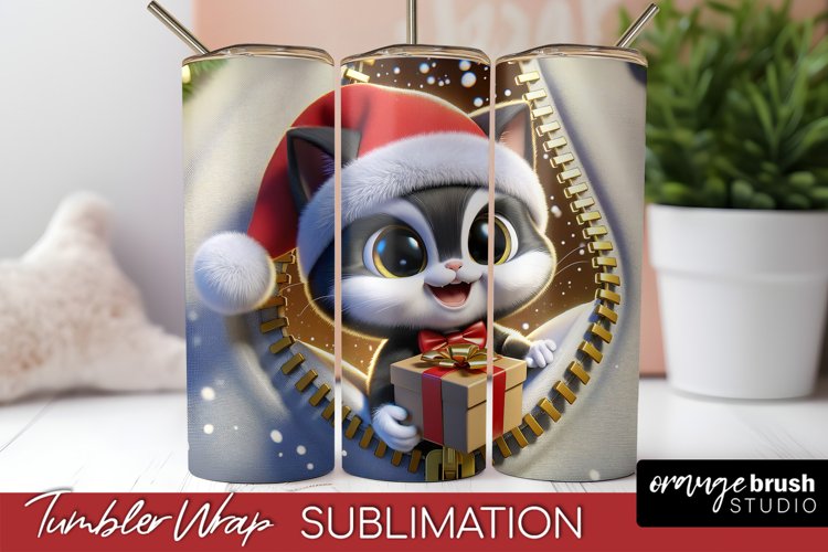 3D Christmas Skinny Tumbler Wrap, Zip Wall Cat Sublimation