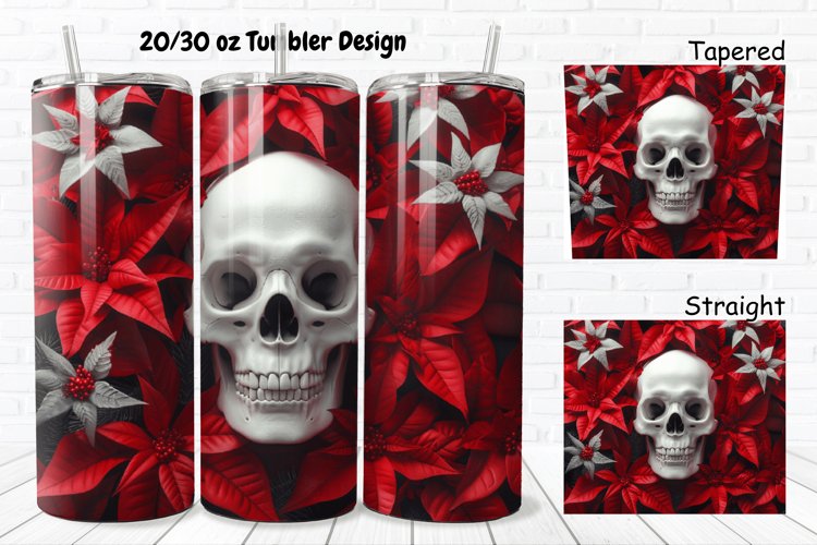 3D Christmas Skull Poinsettia Flowers 20/30oz Skinny Tumbler