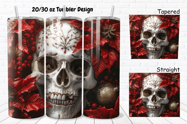 3D Christmas Skull Poinsettia Flowers 20/30oz Skinny Tumbler