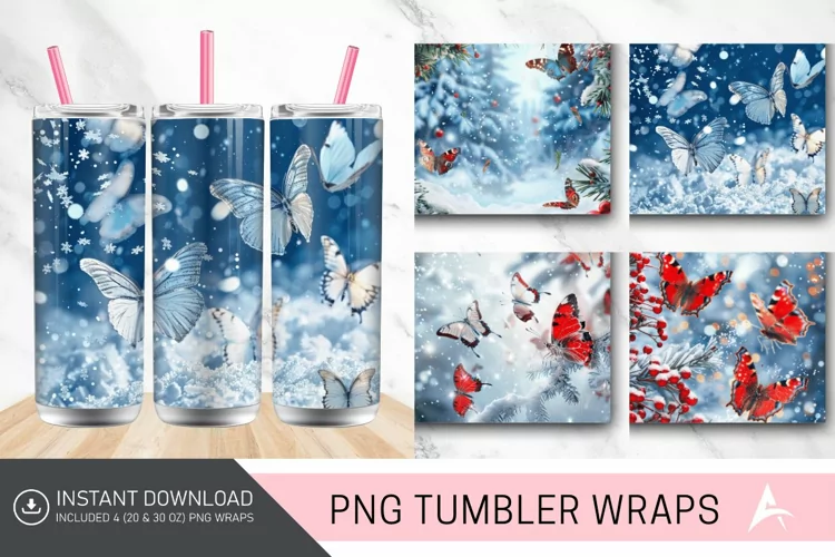 3D Christmas Snow Butterflies Tumbler Wrap