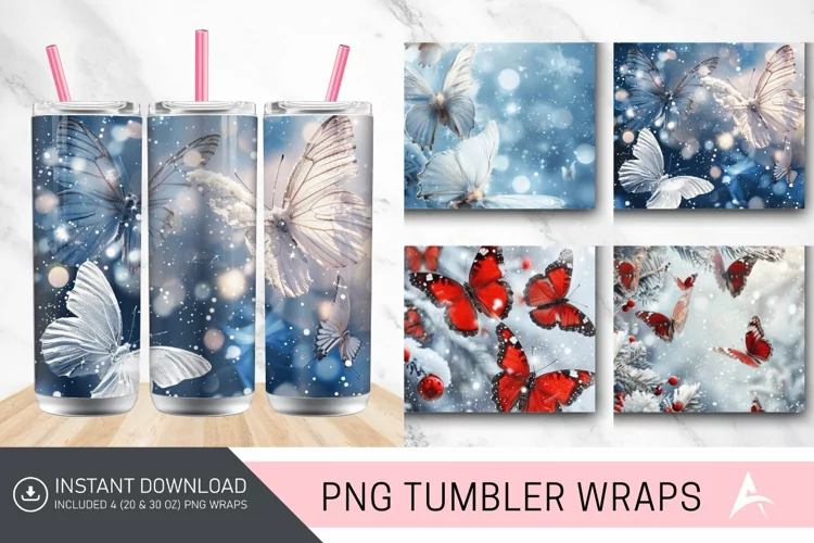 3D Christmas Snow Butterflies Tumbler Wrap
