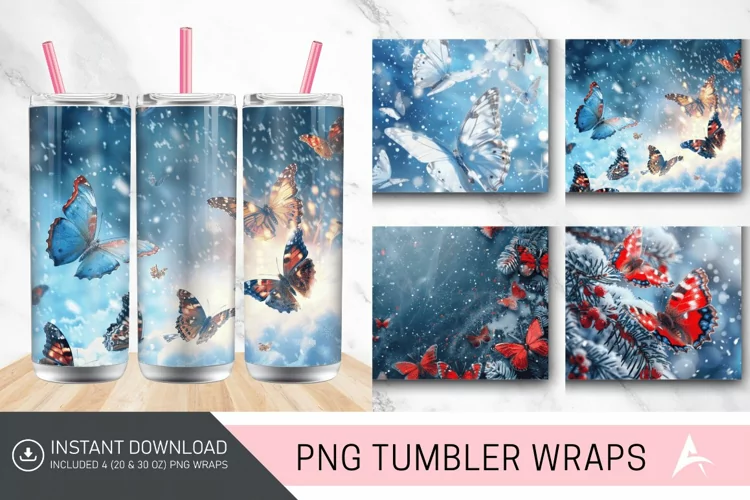 3D Christmas Snow Butterflies Tumbler Wrap