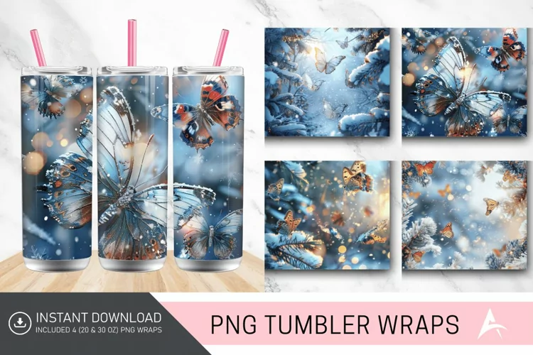 3D Christmas Snow Butterflies Tumbler Wrap