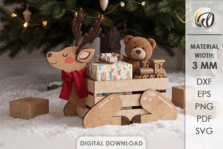 Christmas Reindeer Box Lasercut. Storage Crate. Gift Box SVG