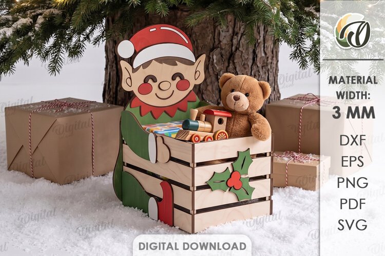 Christmas Elf Box Laser Cut. Storage Crate. Gift Box SVG example image 1