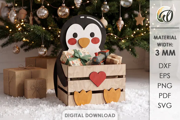 Christmas Penguin Box Laser Cut. Storage Crate. Gift Box SVG