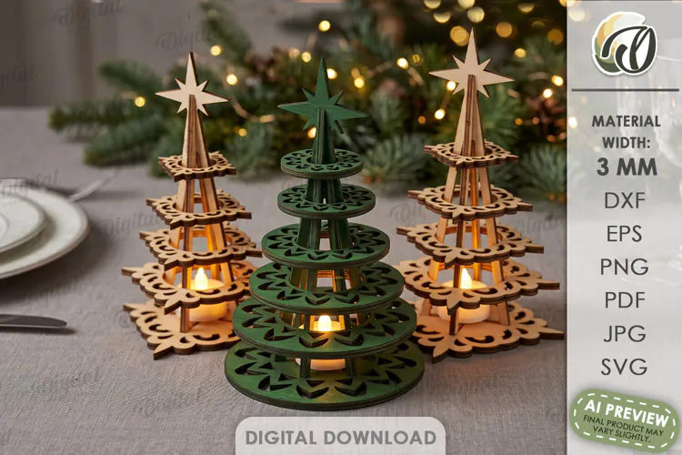 Christmas Trees Candle Holders Lasercut. Tealight Holder SVG