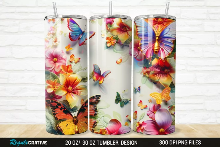 3D Colorful Butterflies And Flowers 20/30oz Skinny Tumbler