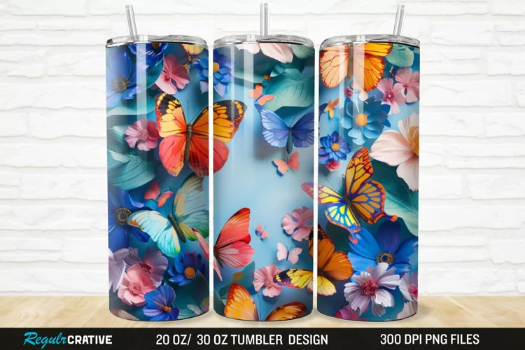 3D Colorful Butterflies And Flowers 20/30oz Skinny Tumbler