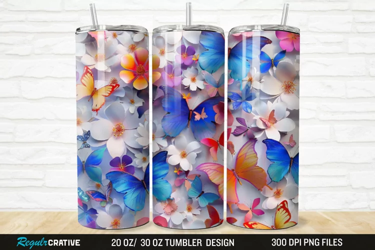 3D Colorful Butterflies And Flowers 20/30oz Skinny Tumbler