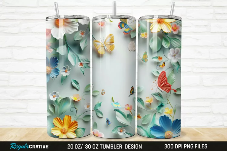 3D Colorful Butterflies And Flowers 20/30oz Skinny Tumbler
