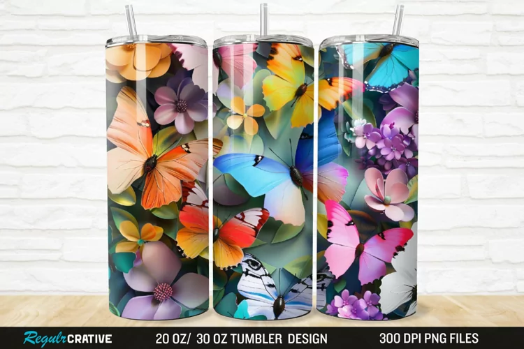 3D Colorful Butterflies And Flowers 20/30oz Skinny Tumbler