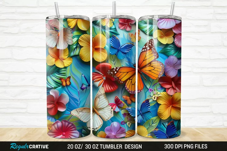 3D Colorful Butterflies And Flowers 20/30oz Skinny Tumbler