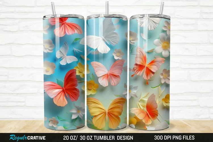 3D Colorful Butterflies And Flowers 20/30oz Skinny Tumbler