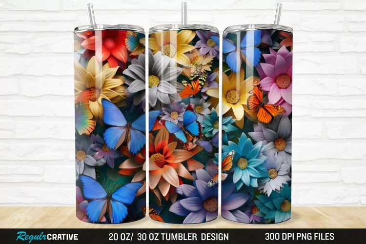 3D Colorful Butterflies And Flowers 20/30oz Skinny Tumbler