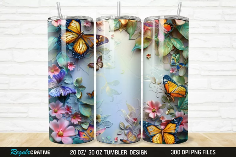 3D Colorful Butterflies And Flowers 20/30oz Skinny Tumbler