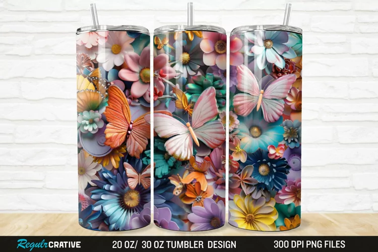 3D Colorful Butterflies And Flowers 20/30oz Skinny Tumbler