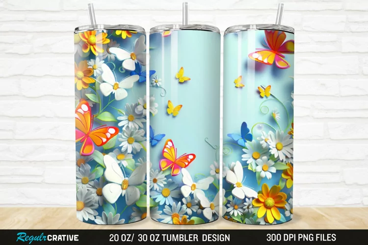 3D Colorful Butterflies And Flowers 20/30oz Skinny Tumbler