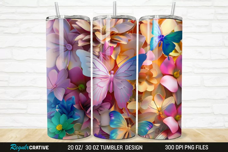 3D Colorful Butterflies And Flowers 20/30oz Skinny Tumbler