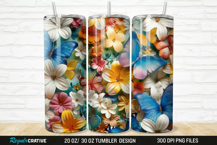 3D Colorful Butterflies And Flowers 20/30oz Skinny Tumbler