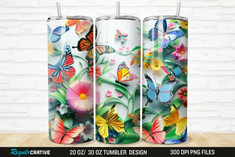 3D Colorful Butterflies And Flowers 20/30oz Skinny Tumbler