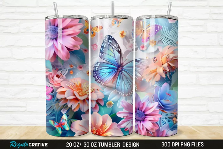 3D Colorful Butterflies And Flowers 20/30oz Skinny Tumbler