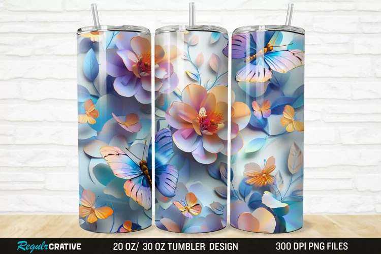 3D Colorful Butterflies And Flowers 20/30oz Skinny Tumbler