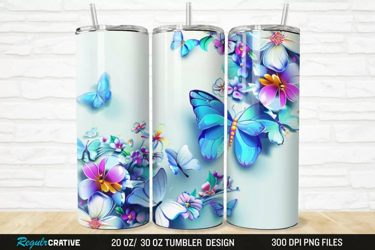 3D Colorful Butterflies And Flowers 20/30oz Skinny Tumbler