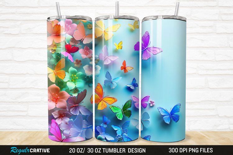 3D Colorful Butterflies And Flowers 20/30oz Skinny Tumbler