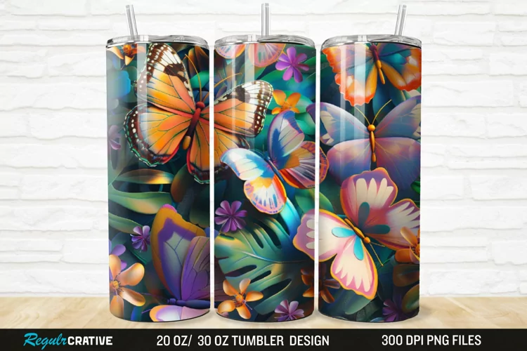 3D Colorful Butterflies And Flowers 20/30oz Skinny Tumbler