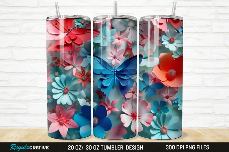 3D Colorful Butterflies And Flowers 20/30oz Skinny Tumbler