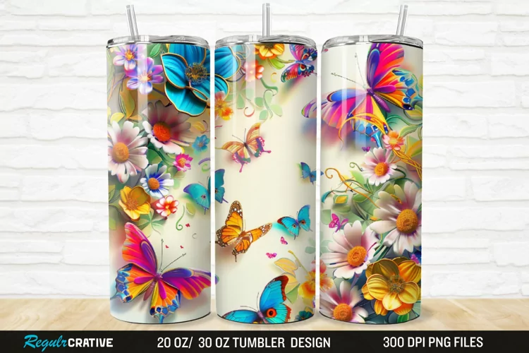 3D Colorful Butterflies And Flowers 20/30oz Skinny Tumbler