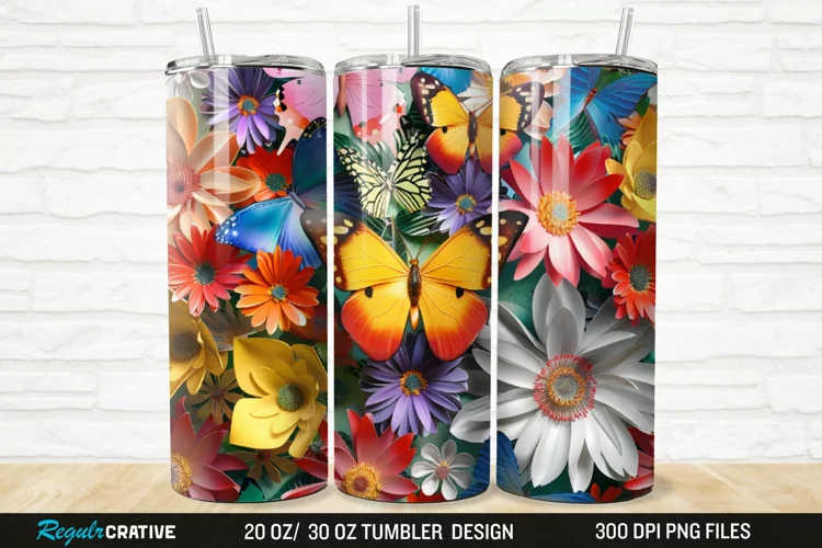 3D Colorful Butterflies And Flowers 20/30oz Skinny Tumbler