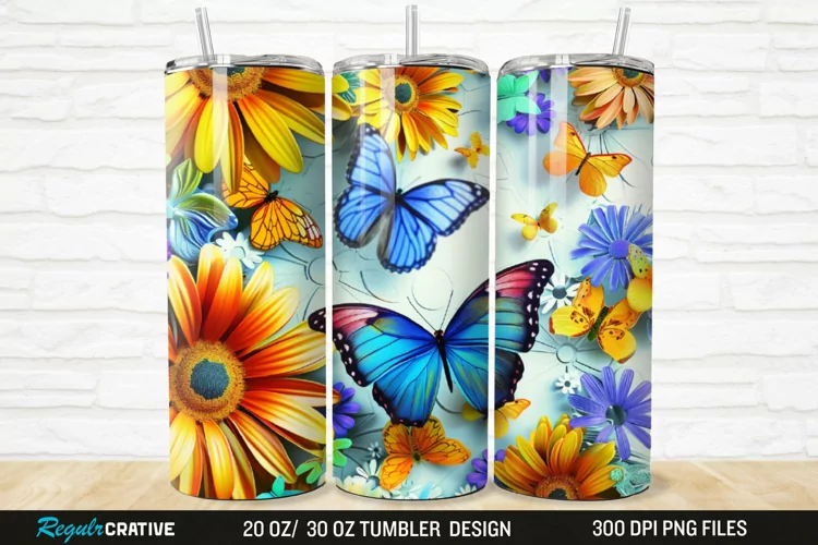 3D Colorful Butterflies And Flowers 20/30oz Skinny Tumbler