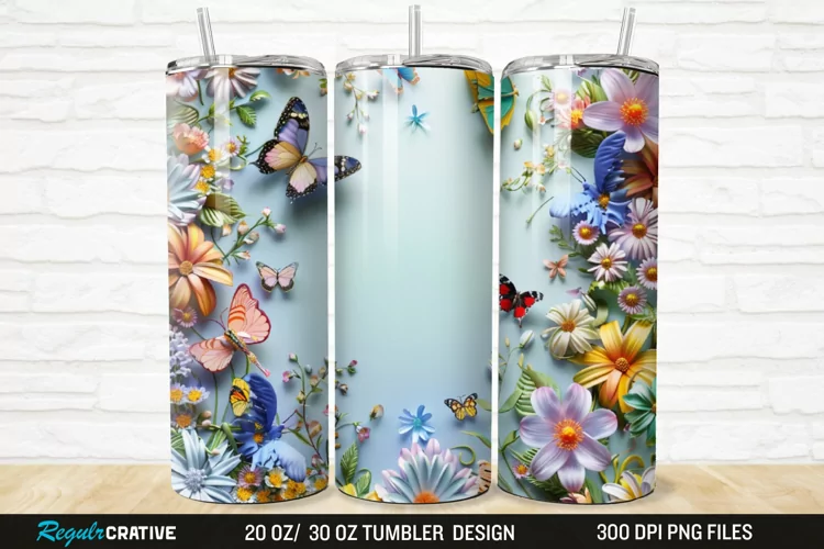 3D Colorful Butterflies And Flowers 20/30oz Skinny Tumbler