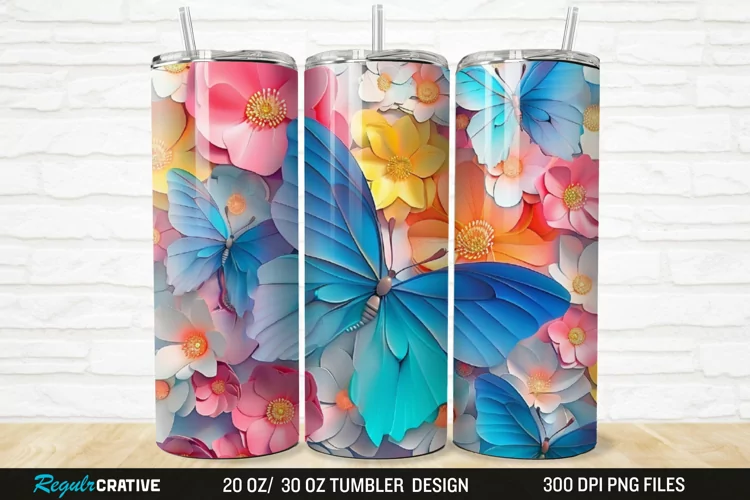 3D Colorful Butterflies And Flowers 20/30oz Skinny Tumbler