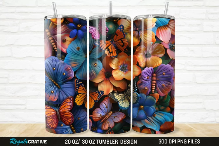 3D Colorful Butterflies And Flowers 20/30oz Skinny Tumbler