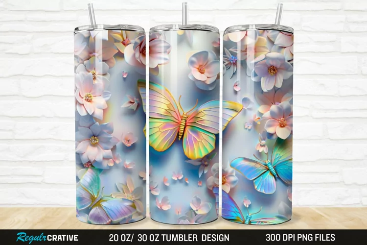 3D Colorful Butterflies And Flowers 20/30oz Skinny Tumbler