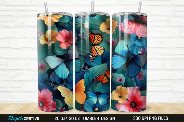 3D Colorful Butterflies And Flowers 20/30oz Skinny Tumbler