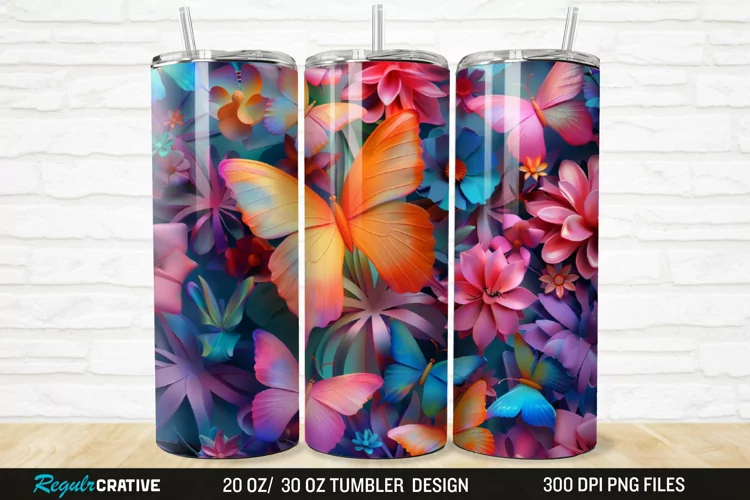 3D Colorful Butterflies And Flowers 20/30oz Skinny Tumbler